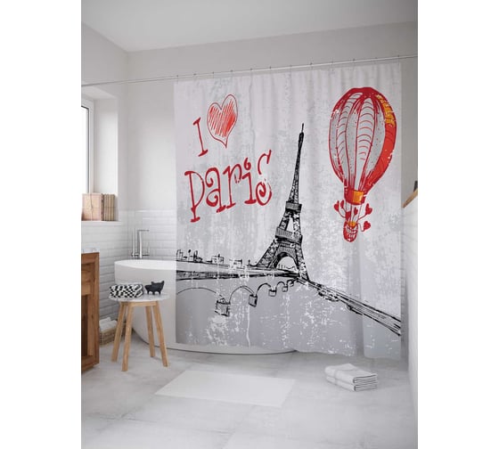 Штора (занавеска) для ванной JoyArty "Над Парижем на воздушном шаре" из сатена, 180х200 см с крючками, sc_16244 1