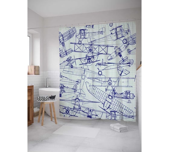 Штора (занавеска) для ванной JoyArty "Эскизы самолетов" из сатена, 180х200 см с крючками, sc_15628