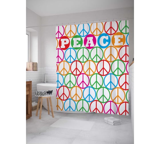 Штора (занавеска) для ванной JoyArty "Мир с символами хиппи" из сатена, 180х200 см с крючками, sc_15606 1