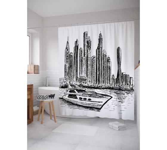 Штора (занавеска) для ванной JoyArty "На яхте вокруг города" из сатена, 180х200 см с крючками, sc_18176 1