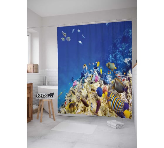 Штора (занавеска) для ванной JoyArty "Экзотические морские жители" из сатена, 180х200 см с крючками, sc_14604 1