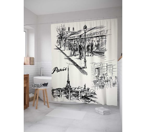 Штора (занавеска) для ванной JoyArty "Жизнь кипит в Париже" из сатена, 180х200 см с крючками, sc_16239 1