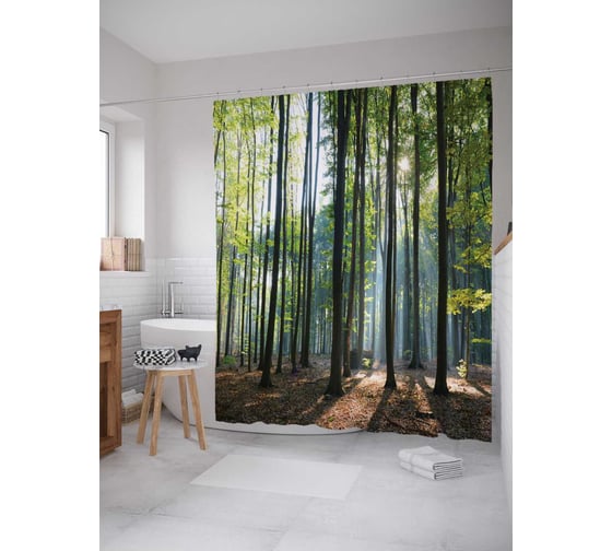 Штора (занавеска) для ванной JoyArty "Утренний лесной рассвет" из сатена, 180х200 см с крючками, sc_14623 1