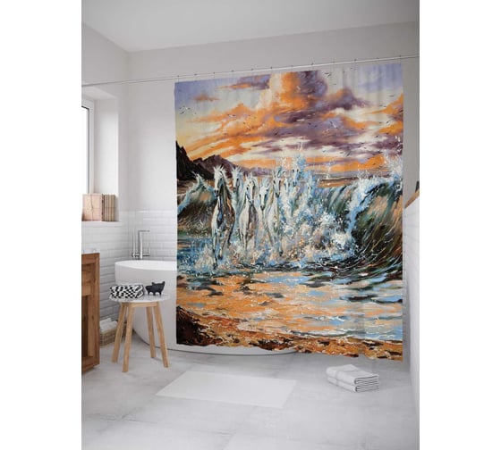 Штора (занавеска) для ванной JoyArty "Кони бегут вдоль реки" из сатена, 180х200 см с крючками, sc_16156 1