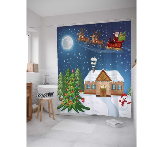 Штора (занавеска) для ванной JoyArty "Санта с подарками" из сатена, 180х200 см с крючками, sc_20081 1