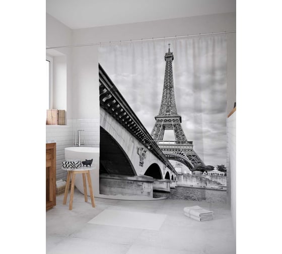 Штора (занавеска) для ванной JoyArty "За мостом слава Парижа" из сатена, 180х200 см с крючками, sc_16218 1