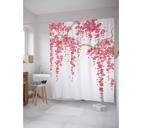 Штора (занавеска) для ванной JoyArty "Ветки в цветах" из сатена, 180х200 см с крючками, sc_12332 1