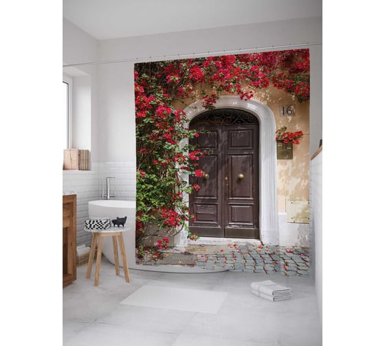 Штора (занавеска) для ванной JoyArty "Таинственная дверь и цветы" из сатена, 180х200 см с крючками, sc_17246 1