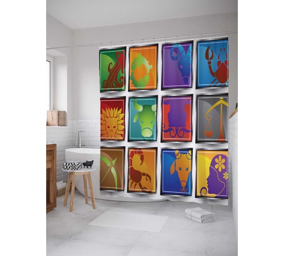 Штора (занавеска) для ванной JoyArty "Знаки зодиака" из сатена, 180х200 см с крючками, sc_13334 1