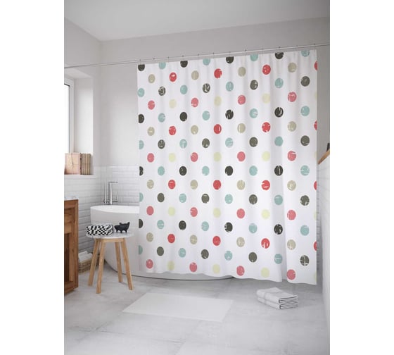 Штора (занавеска) для ванной JoyArty "Радужный горошек" из сатена, 180х200 см с крючками, sc_16393 1
