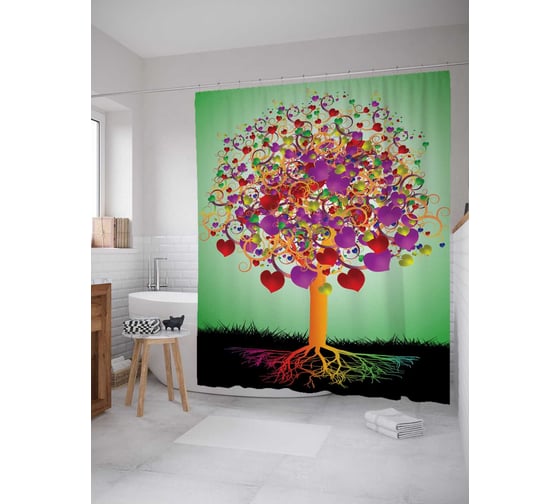 Штора (занавеска) для ванной JoyArty "Сердечное дерево" из сатена, 180х200 см с крючками, sc_13461 1