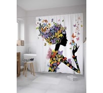 Штора (занавеска) для ванной JoyArty "Цветочная девушка в бабочках" из сатена, 180х200 см с крючками, sc_11017