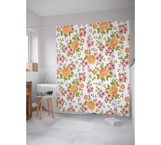 Штора (занавеска) для ванной JoyArty "Оранжевые пионы" из сатена, 180х200 см с крючками, sc_11414 1