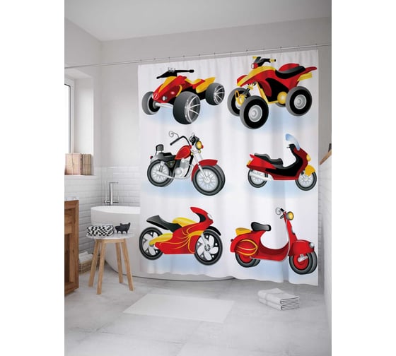 Штора (занавеска) для ванной JoyArty "Вариации мотоциклов" из сатена, 180х200 см с крючками, sc_17783 1