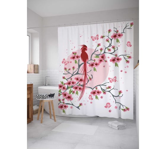 Штора (занавеска) для ванной JoyArty "Огненный попугай" из сатена, 180х200 см с крючками, sc_17872 1