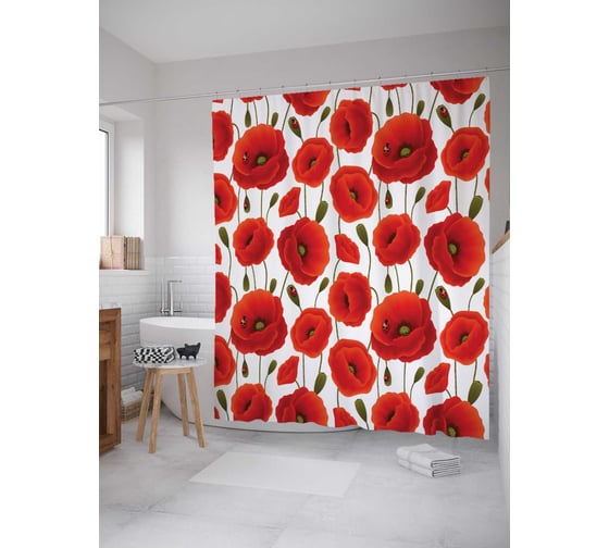 Штора (занавеска) для ванной JoyArty "В окружении маков" из сатена, 180х200 см с крючками, sc_11363 1