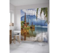 Штора (занавеска) для ванной JoyArty "Деревушка у реки" из сатена, 180х200 см с крючками, sc_12249