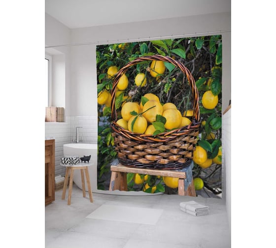 Штора (занавеска) для ванной JoyArty "Сочные лимоны" из сатена, 180х200 см с крючками, sc_105971 1