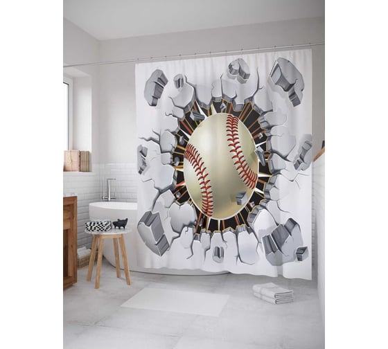 Штора (занавеска) для ванной JoyArty "Разрушительный бейсбол" из сатена, 180х200 см с крючками, sc_11446
