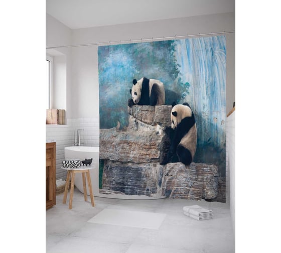 Штора (занавеска) для ванной JoyArty "Ленивые панды" из сатена, 180х200 см с крючками, sc_17649 1
