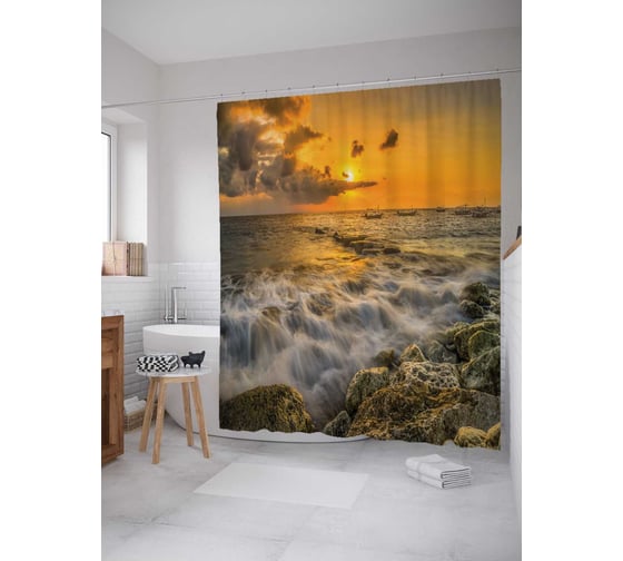 Штора (занавеска) для ванной JoyArty "Береговая опасность" из сатена, 180х200 см с крючками, sc_12242 1
