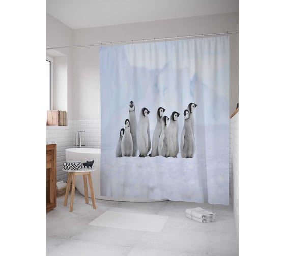 Штора (занавеска) для ванной JoyArty "Пингвины в Арктике" из сатена, 180х200 см с крючками, sc_11886 1