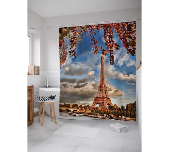 Штора (занавеска) для ванной JoyArty "Верхушка Эйфелевой башни" из сатена, 180х200 см с крючками, sc_11320