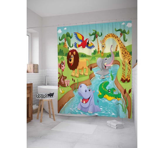 Штора (занавеска) для ванной JoyArty "Веселый водопой" из сатена, 180х200 см с крючками, sc_1226
