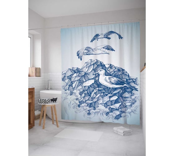 Штора (занавеска) для ванной JoyArty "Летающие чайки" из сатена, 180х200 см с крючками, sc_17513 1