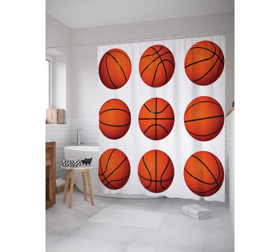 Штора (занавеска) для ванной JoyArty "Баскетбольные мячи" из сатена, 180х200 см с крючками, sc_11463 1