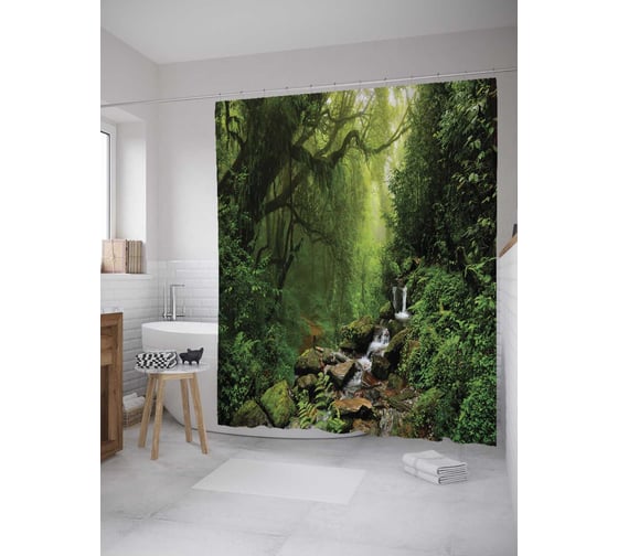 Штора (занавеска) для ванной JoyArty "Источник в светлом лесу" из сатена, 180х200 см с крючками, sc_11432 1