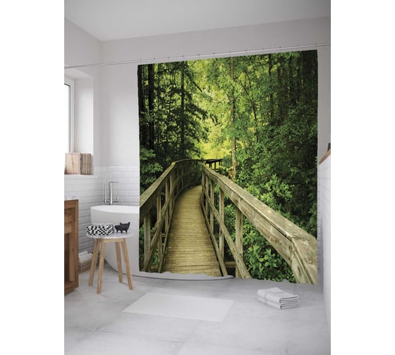 Штора (занавеска) для ванной JoyArty "Маршрут через лес" из сатена, 180х200 см с крючками, sc_12150 1
