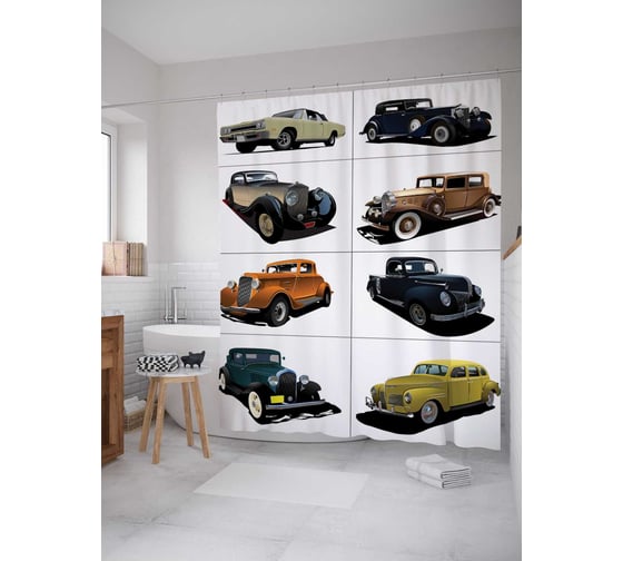 Штора (занавеска) для ванной JoyArty "Ретро-автомобили" из сатена, 180х200 см с крючками, sc_17770 1