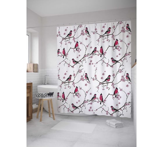 Штора (занавеска) для ванной JoyArty "Птицы на ветках" из сатена, 180х200 см с крючками, sc_12171 1