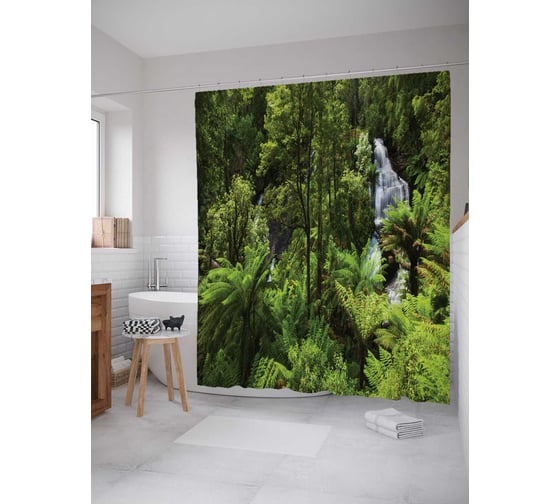 Штора (занавеска) для ванной JoyArty "Водопад за кустами" из сатена, 180х200 см с крючками, sc_11429 1