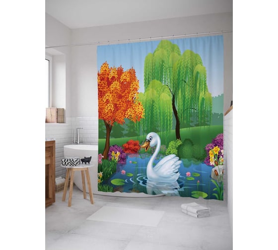 Штора (занавеска) для ванной JoyArty "Лебедь на пруду" из сатена, 180х200 см с крючками, sc_15501 1
