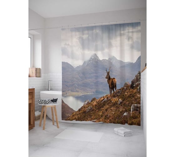 Штора (занавеска) для ванной JoyArty "Олень в горах" из сатена, 180х200 см с крючками, sc_15537