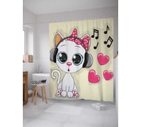 Штора (занавеска) для ванной JoyArty "Кошке нравится музыка" из сатена, 180х200 см с крючками, sc_15494