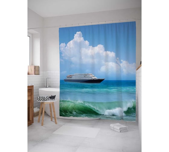Штора (занавеска) для ванной JoyArty "Лайнер на волнах" из сатена, 180х200 см с крючками, sc_17818 1