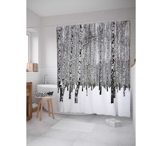 Штора (занавеска) для ванной JoyArty "Зимние березы" из сатена, 180х200 см с крючками, sc_18875 1