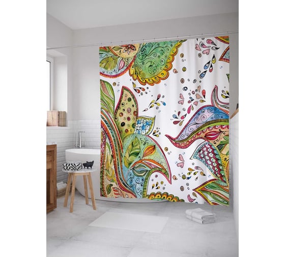 Штора (занавеска) для ванной JoyArty "Цветочная вселенная" из сатена, 180х200 см с крючками, sc_17692 1