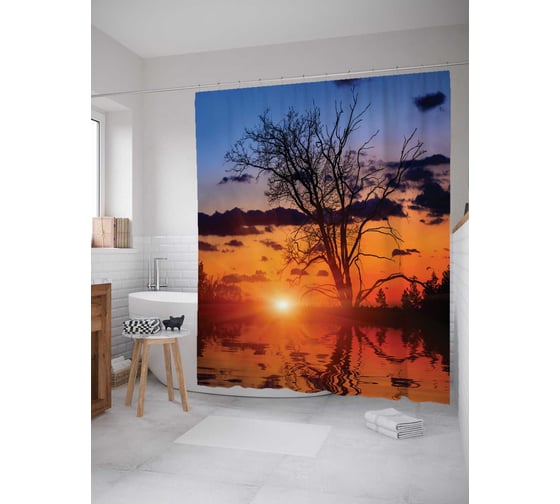 Штора (занавеска) для ванной JoyArty "Прибрежное дерево" из сатена, 180х200 см с крючками, sc_17596 1