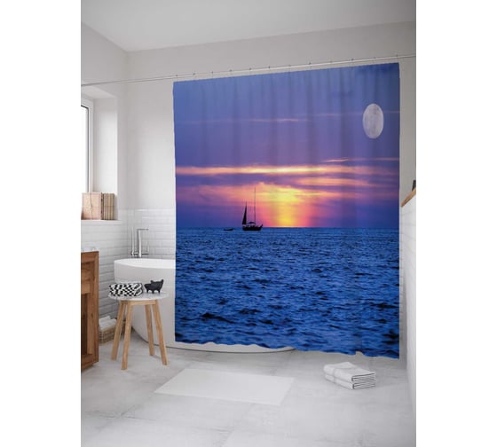 Штора (занавеска) для ванной JoyArty "Проплывая закат" из сатена, 180х200 см с крючками, sc_11681 1