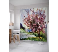 Штора (занавеска) для ванной JoyArty "Цветущее дерево у реки" из сатена, 180х200 см с крючками, sc_15097