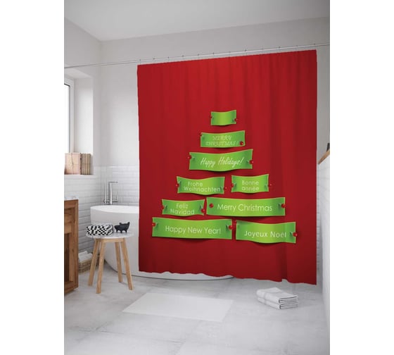 Штора (занавеска) для ванной JoyArty "Ель с поздравлениями" из сатена, 180х200 см sc_378743 1