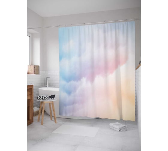 Штора (занавеска) для ванной JoyArty "Цветные облака" из сатена, 180х200 см с крючками, sc_17355
