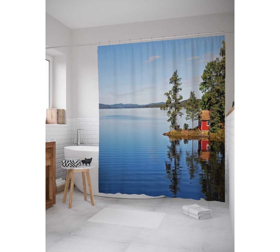 Штора (занавеска) для ванной JoyArty "Тихий дом на реке" из сатена, 180х200 см с крючками, sc_15148 1