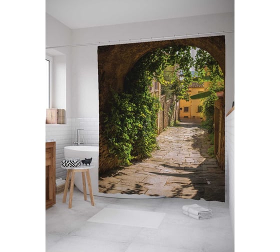 Штора (занавеска) для ванной JoyArty "Тихий переулок" из сатена, 180х200 см с крючками, sc_15389 1