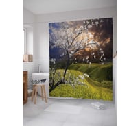 Штора (занавеска) для ванной JoyArty "Цветущая вишня в поле" из сатена, 180х200 см с крючками, sc_17359