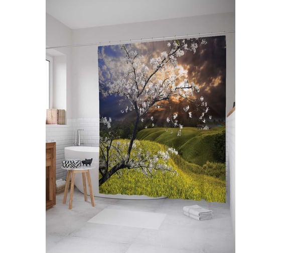 Штора (занавеска) для ванной JoyArty "Цветущая вишня в поле" из сатена, 180х200 см с крючками, sc_17359 1
